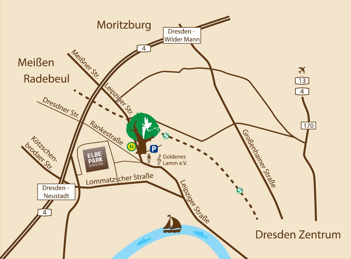 Wegbeschreibung zum ZAUBERBAUM: Karte von Dresden Pieschen mit Elbe Park, Haltestelle Rankestraße und Leipziger Straße